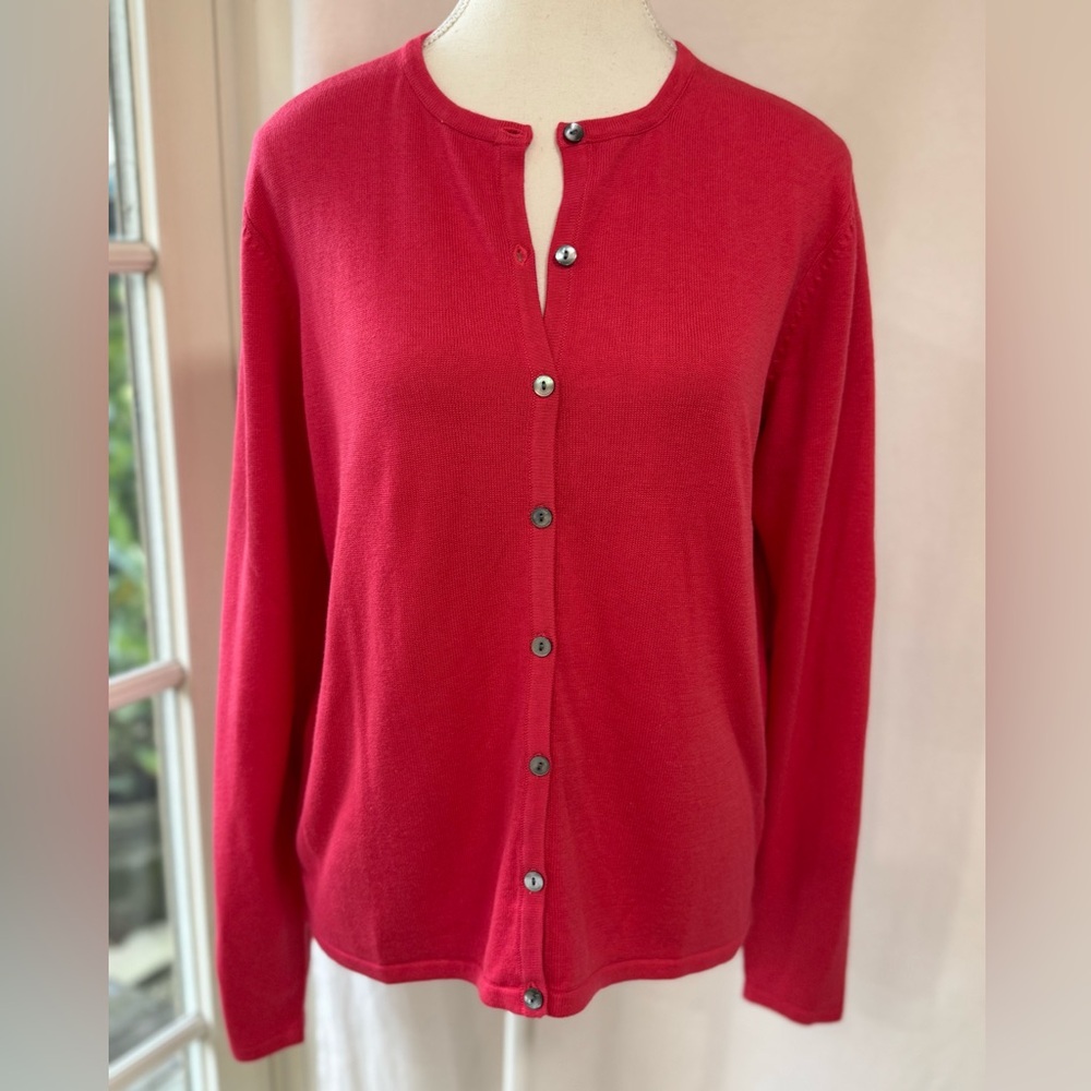 Raspberry Button-up Crew Neck Cardigan Sweater